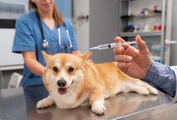 Veterinária aplicando vacina em cachorro corgi